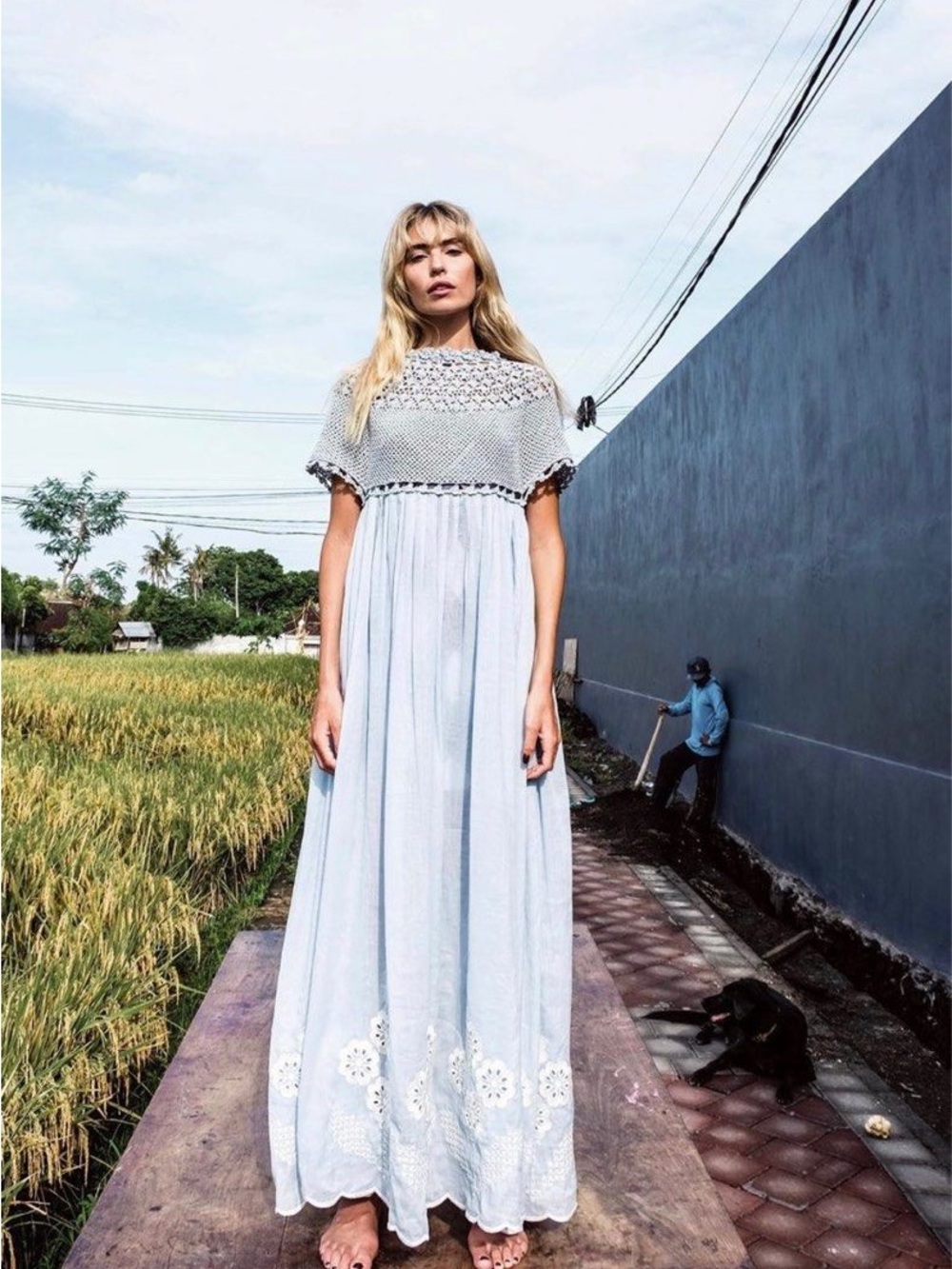 Innika Choo New with Tags Light Blue Crochet Top Appliqué Floral Maxi Dress